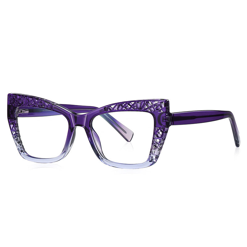 Cutout Lattice Cat Eye Blue Light Blocking Glasses in Violet Purple to Clear Gradient