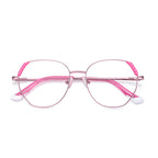 Pyramid Corner Metal Geometric Spring Hinge Blue Light Blocking Glasses in Rose Gold and Neon Pink with White Dipped Tips