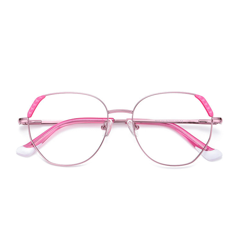 Pyramid Corner Metal Geometric Spring Hinge Blue Light Blocking Glasses in Rose Gold and Neon Pink with White Dipped Tips
