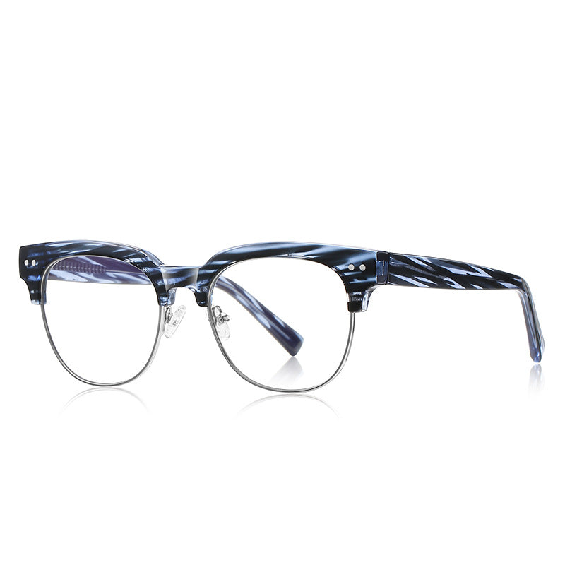Dual Rivet Browline Blue Light Blocking Glasses in Navy Blue Marble & Silver