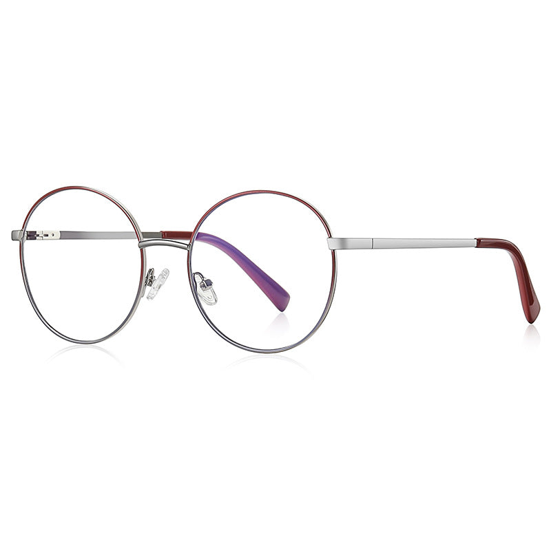 Enamel Rim Round Metal Blue Light Blocking Glasses in Silver & Ruby Red Rim