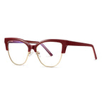 Clubmaster Cat Eye Blue Light Blocking Glasses in Wine Burgundy Red & Gold