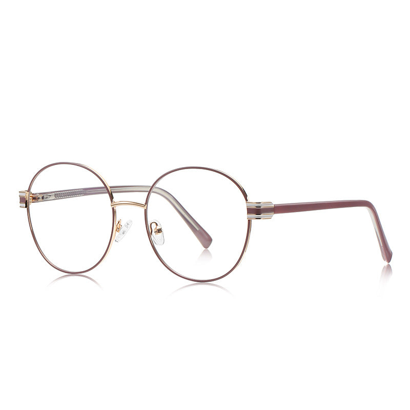 Fluted Hinge Metal Round Blue Light Blocking Glasses in Rose Gold with Burgundy Tips