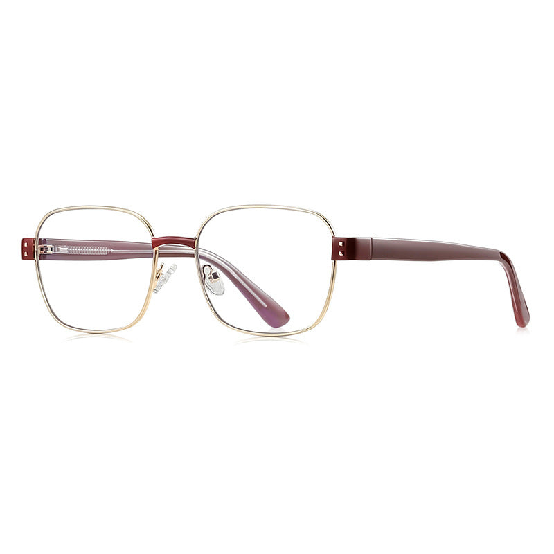 Dual Rivet Metal Square Blue Light Blocking Glasses in Gold & Burgundy