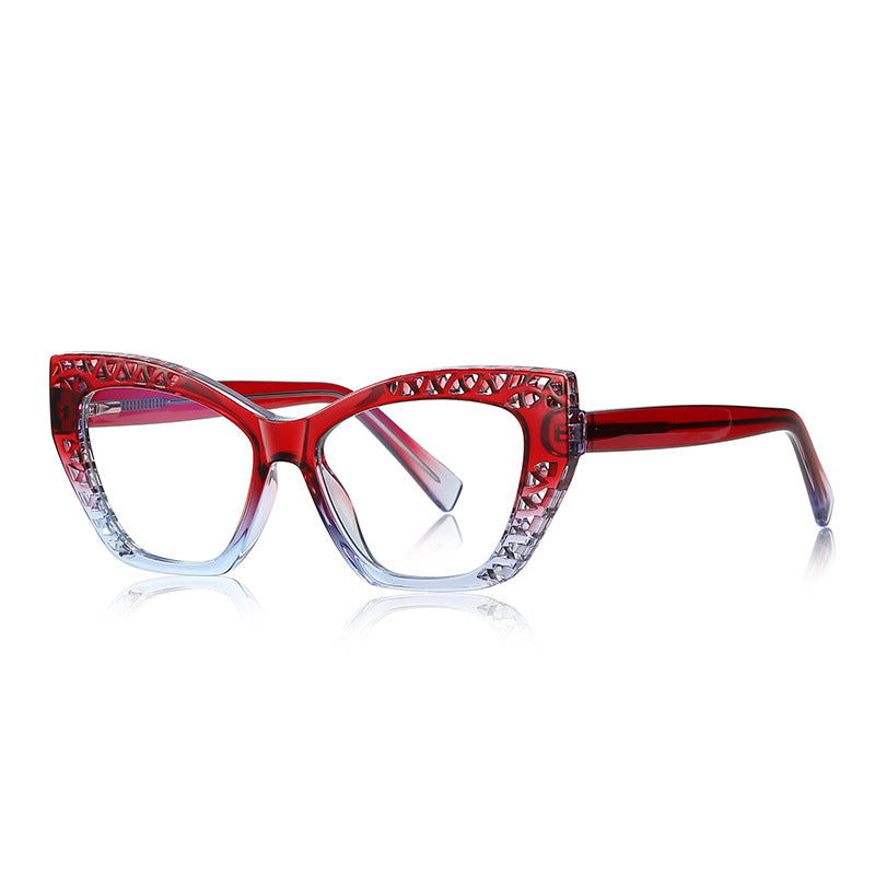 Trellis Cutout Cat Eye Blue Light Blocking Glasses in Ruby Red to Clear Gradient