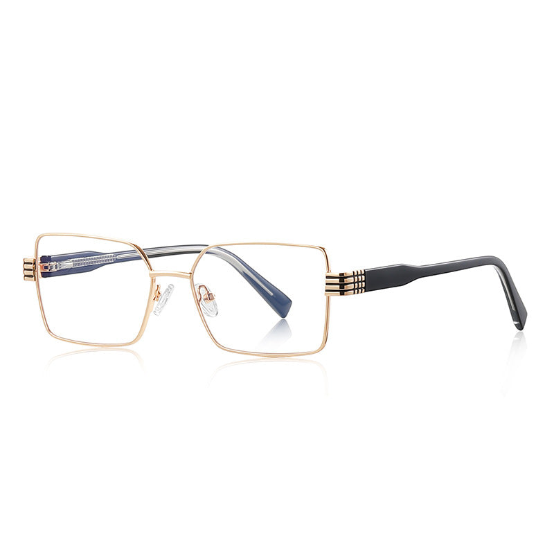 Oversized Square Metal Multi-Groove Hinge Blue Light Blocking Glasses in Gold Dark