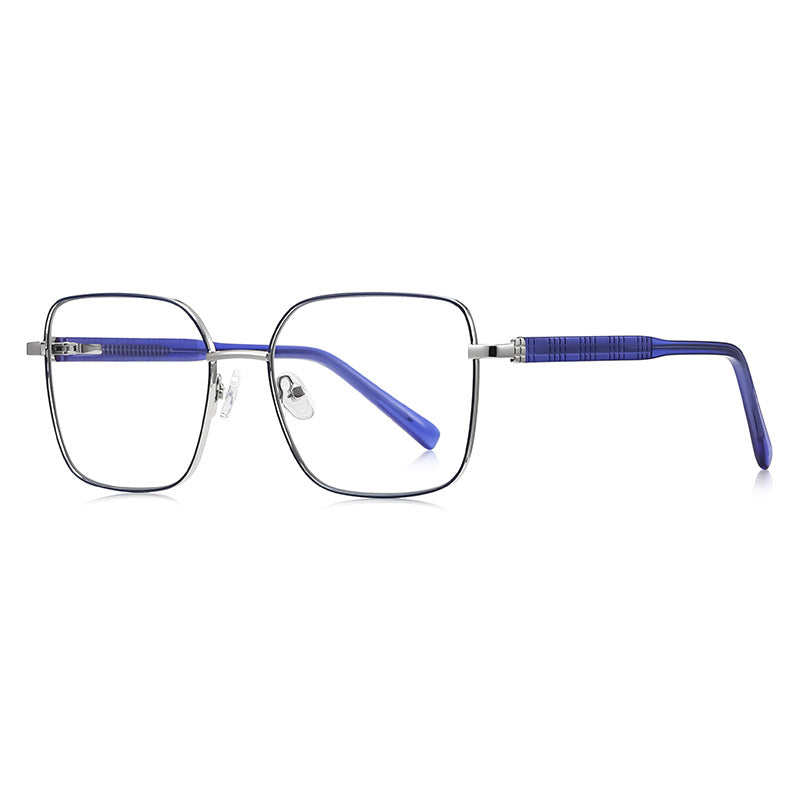 Block Link Metal Square Blue Light Blocking Glasses in Silver with Royal Blue Enamel Rim