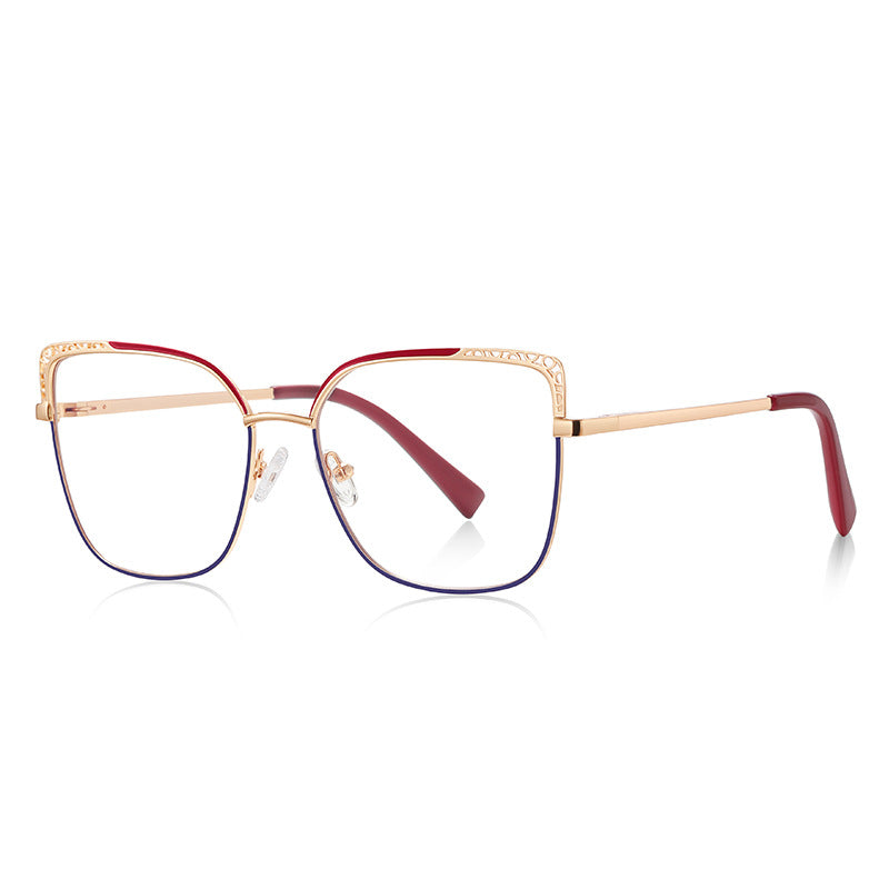 Filigree Corner Metal Butterfly Spring Hinge Blue Light Blocking Glasses in Polished Gold and Crimson Red with Cobalt Accent