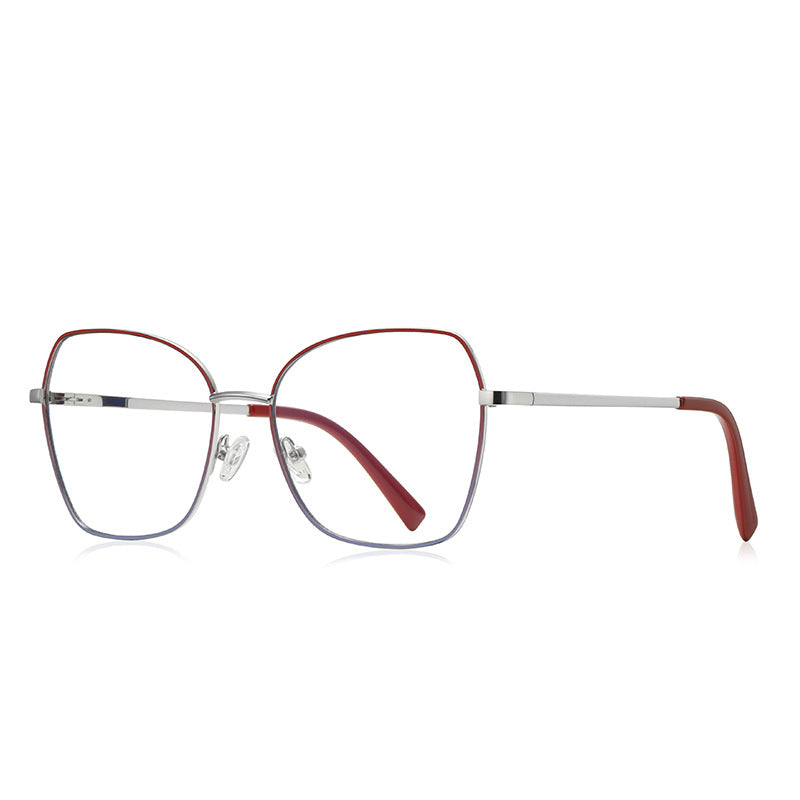 Enamel Browline Metal Butterfly Spring Hinge Blue Light Blocking Glasses in Polished Silver with Red Enamel