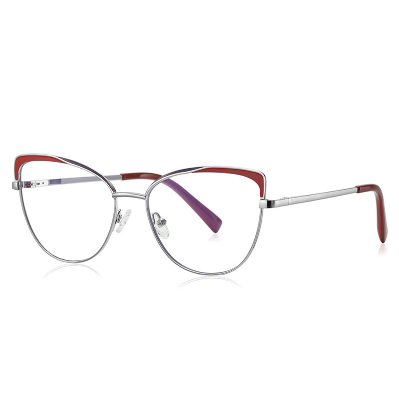 Striped Brow Butterfly Blue Light Blocking Glasses in Silver with Crimson Red Striped Brow