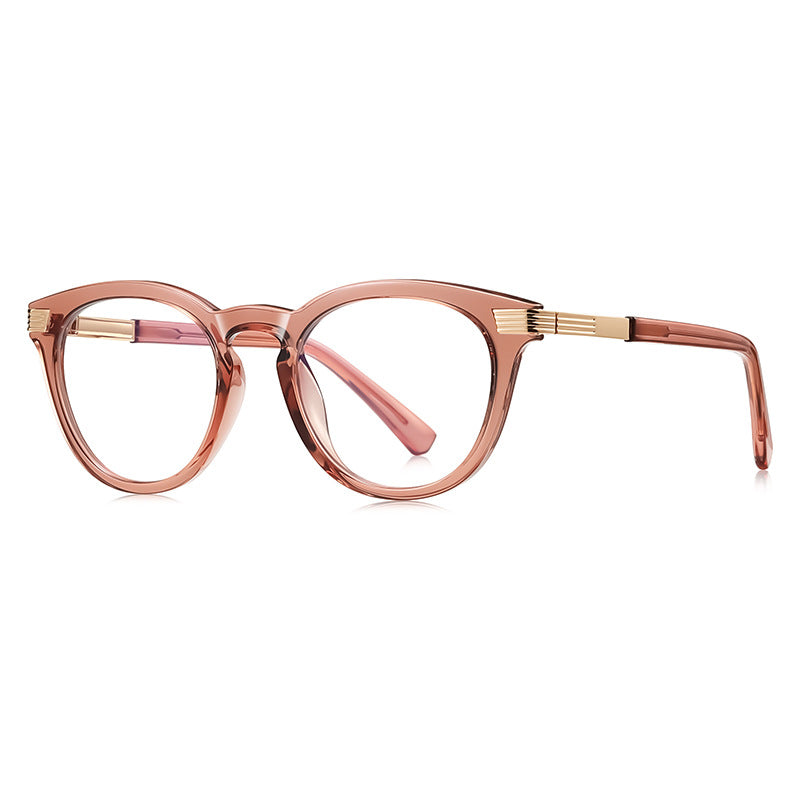 Ribbed Bar Round Blue Light Blocking Glasses in Translucent Rose Blush with Gold Ribbed Bar Accents