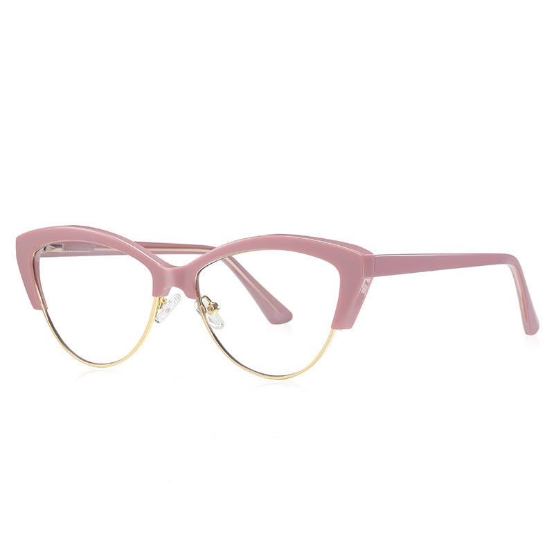 Metal Rim Browline Cat Eye Blue Light Blocking Glasses in Dusty Mauve Pink & Gold