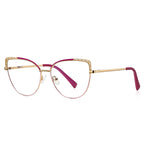 Eyelet Brow Metal Cat Eye Spring Hinge Blue Light Blocking Glasses in Polished Gold with Magenta Pink Enamel Brow, Cutout Eyelet Wings, and Soft Pink Gradient Lower Rim