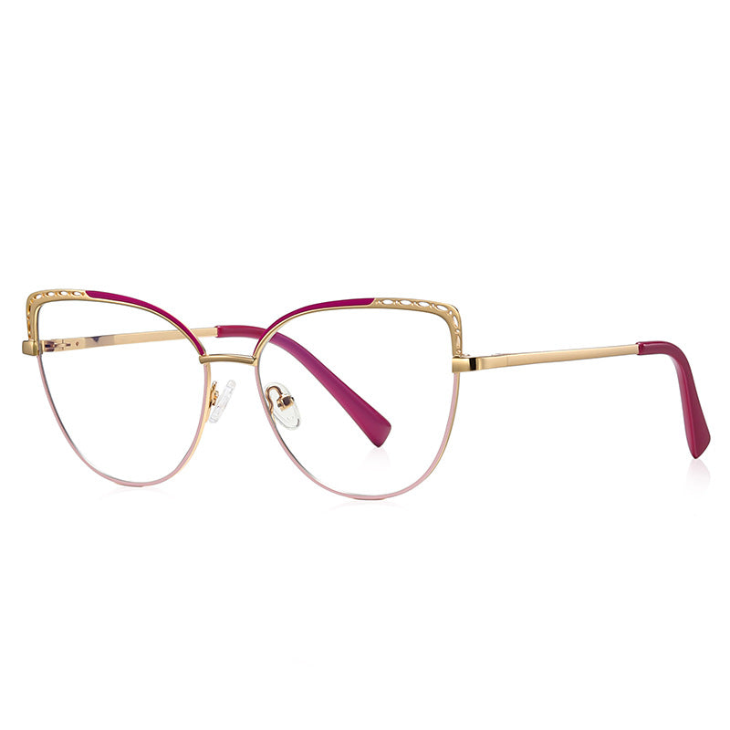Eyelet Brow Metal Cat Eye Spring Hinge Blue Light Blocking Glasses in Polished Gold with Magenta Pink Enamel Brow, Cutout Eyelet Wings, and Soft Pink Gradient Lower Rim
