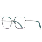Slim Metal Square Blue Light Blocking Glasses in Silver with Emerald Green Enamel Rim