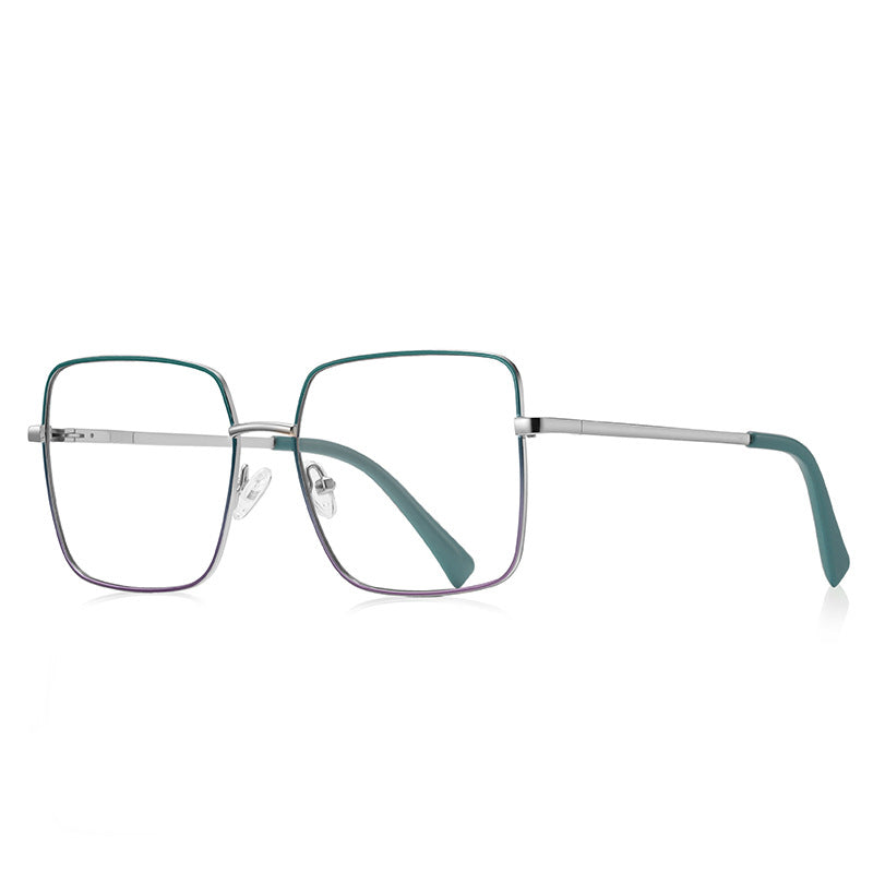 Slim Metal Square Blue Light Blocking Glasses in Silver with Emerald Green Enamel Rim