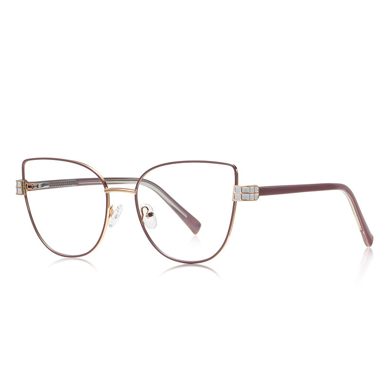 Grid Hinge Metal Cat Eye Blue Light Blocking Glasses in Gold with Plum Burgundy Enamel Rim