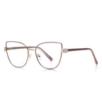Grid Hinge Metal Cat Eye Blue Light Blocking Glasses in Gold with Plum Burgundy Enamel Rim