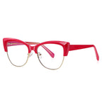 Winged Browline Cat Eye Spring Hinge Blue Light Blocking Glasses in Vibrant Cherry Red with Gold Wire Rim