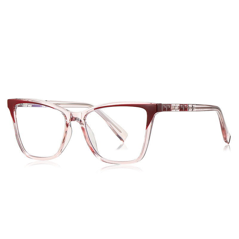 Colorblock Pyramid Stud Cat Eye Blue Light Blocking Glasses in Blush Pink with Burgundy Wingtips