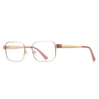 Dual Rivet Metal Rectangle Blue Light Blocking Glasses in Gold with Pink Bridge & Endpiece Blocks