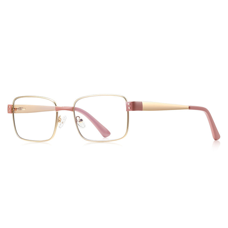 Dual Rivet Metal Rectangle Blue Light Blocking Glasses in Gold with Pink Bridge & Endpiece Blocks