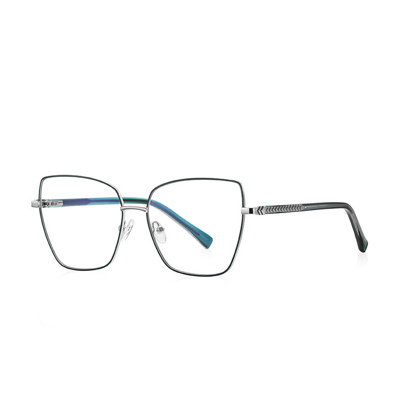 Chevron Band Metal Cat Eye Spring Hinge Blue Light Blocking Glasses in Teal Blue with Silver Bridge & Chevron Temples