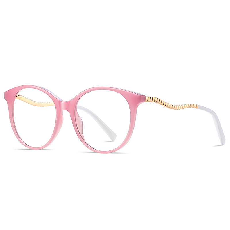 Wavy Metal Temple Round Blue Light Blocking Glasses in Pastel Pink Crystal & Gold