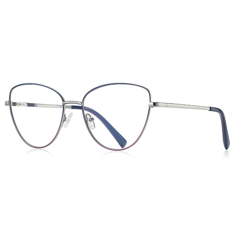 Enamel Rim Metal Cat Eye Blue Light Blocking Glasses in Silver with Slate Blue Enamel Rim