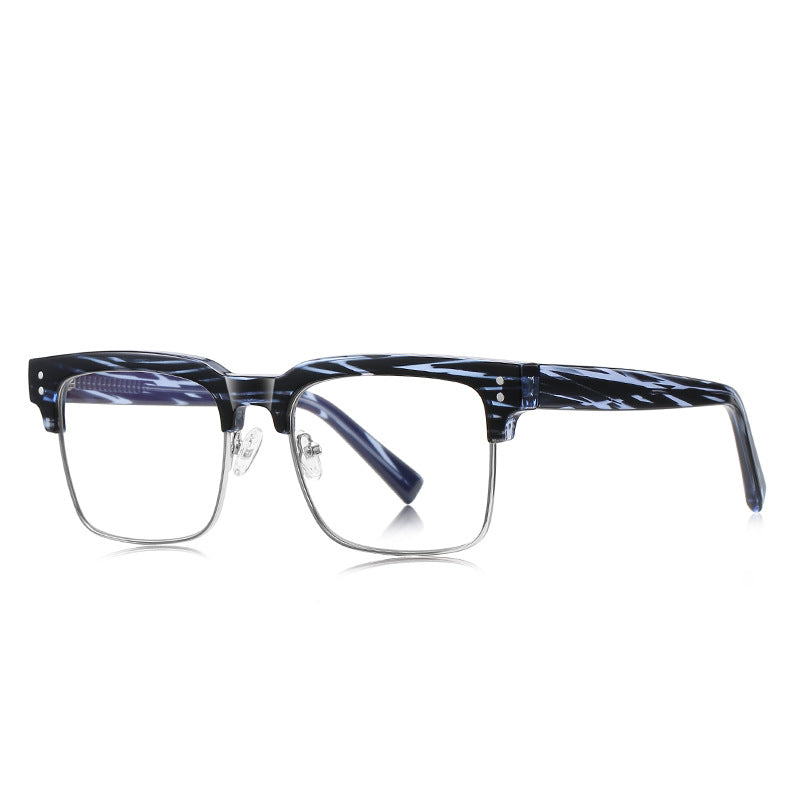 Classic Browline Blue Light Blocking Glasses in Striped Blue Marble &amp; Silver