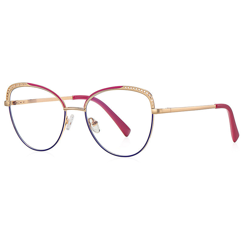 Beaded Brow Cat Eye Spring Hinge Blue Light Blocking Glasses in Berry Magenta and Navy Blue with Gold Frame