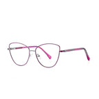 Geometric Lattice Metal Cat Eye Spring Hinge Blue Light Blocking Glasses in Polished Silver and Berry Magenta