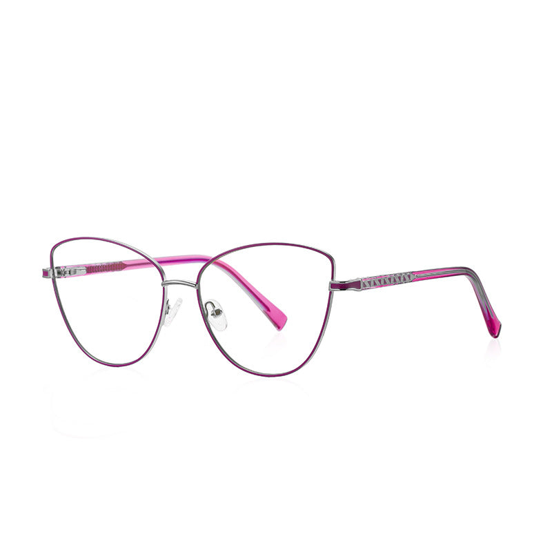 Geometric Lattice Metal Cat Eye Spring Hinge Blue Light Blocking Glasses in Polished Silver and Berry Magenta