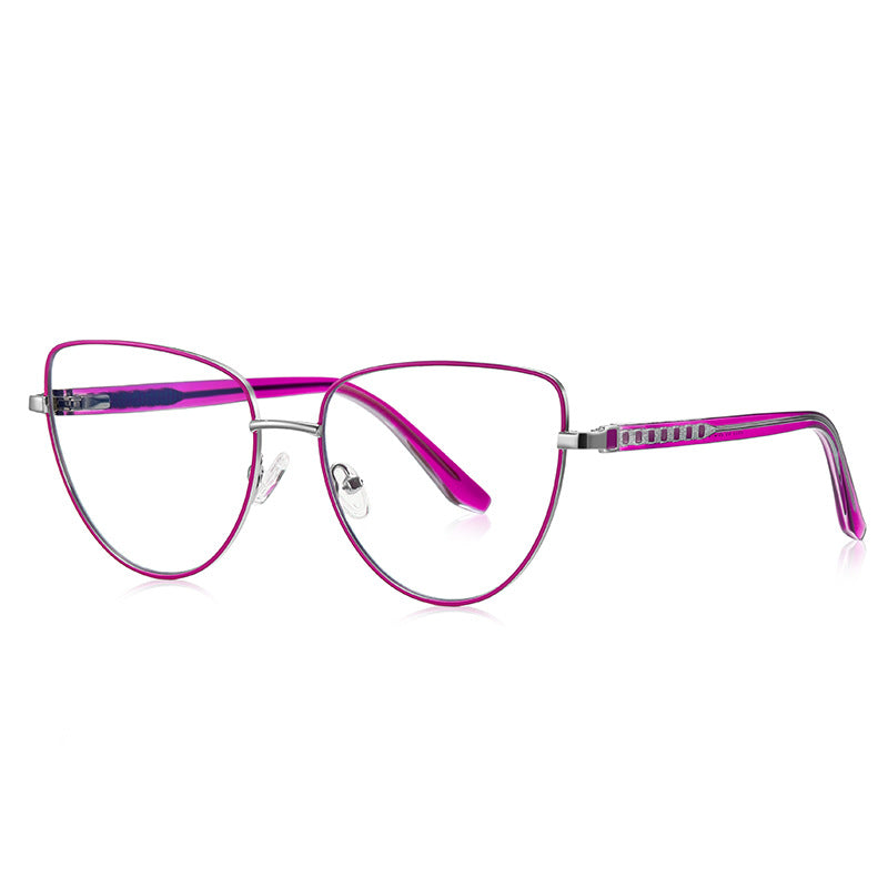 Ladder Temple Metal Cat Eye Blue Light Blocking Glasses in Silver with Fuchsia Purple Enamel Rim