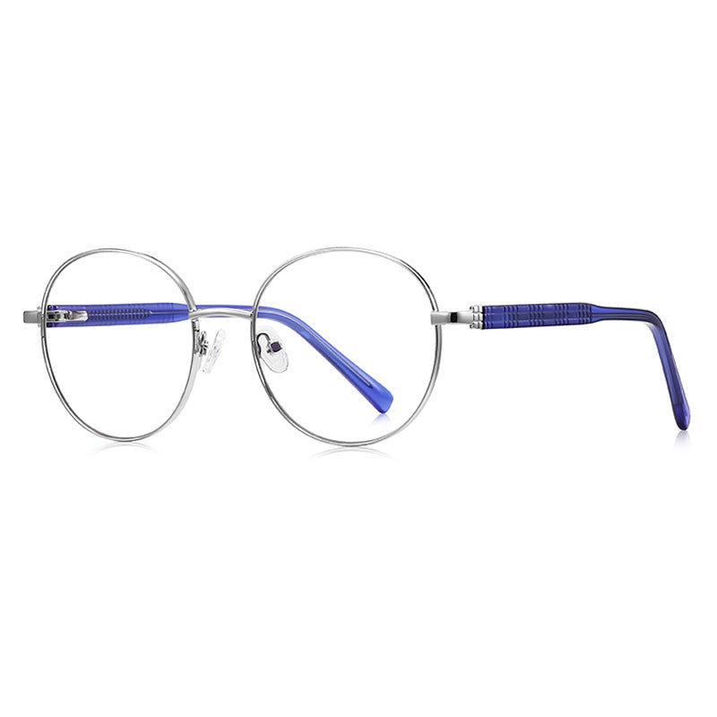 Grid-Texture Metal Round Blue Light Blocking Glasses in Silver with Cobalt Blue Enamel Rim & Blue Grid Temples