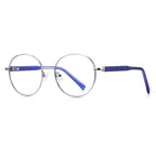 Grid-Texture Metal Round Blue Light Blocking Glasses in Silver with Cobalt Blue Enamel Rim & Blue Grid Temples