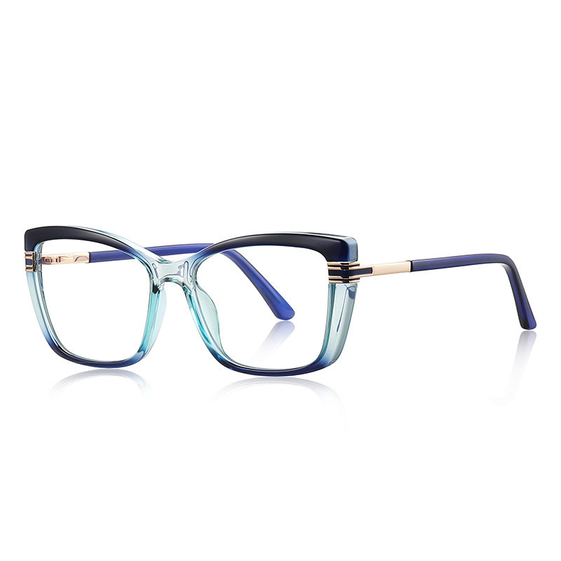 Oversized Cat-Eye Square Acetate Gold Temple Blue Light Blocking Glasses in Navy-Teal Gradient
