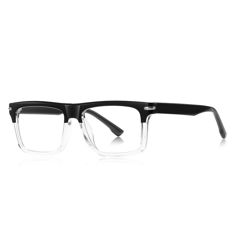 Wide Rectangular Flat Top Acetate Blue Light Blocking Glasses in Black Clear Two-Tone