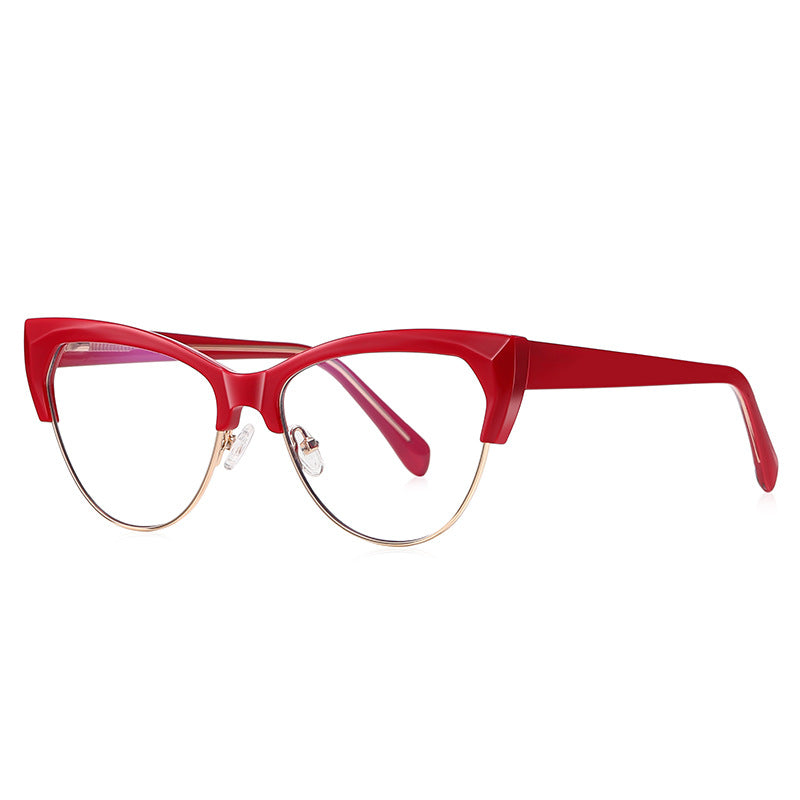 Faceted Browline Cat Eye Spring Hinge Blue Light Blocking Glasses in Cherry Red and Gold
