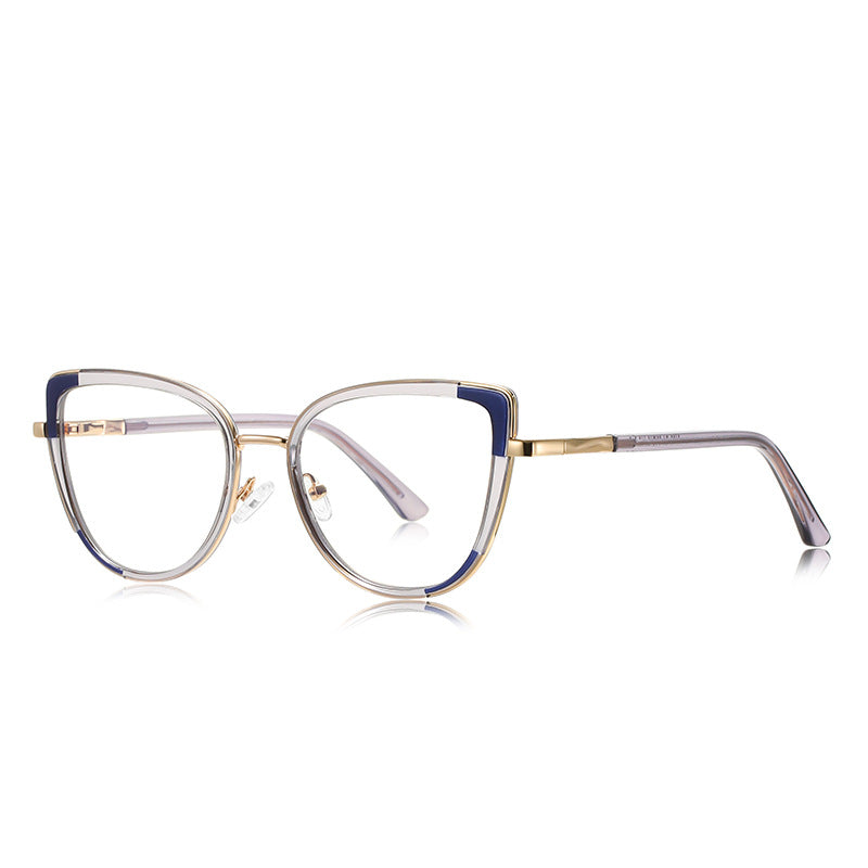 Triangle Accent Cat Eye Blue Light Blocking Glasses in Gold &amp; Clear with Navy Blue Triangle Accents