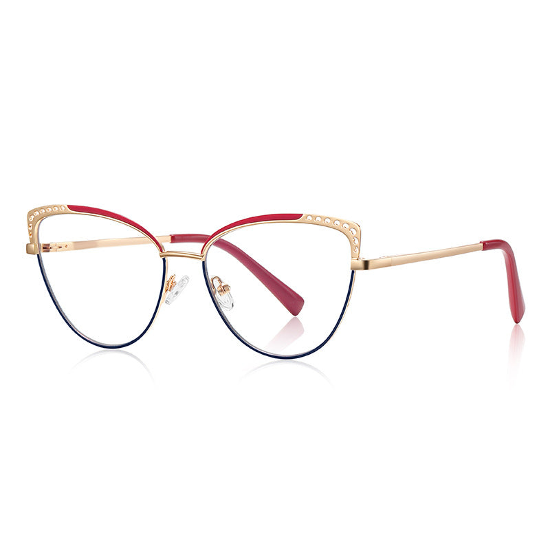 Rhinestone Wing Metal Cat Eye Spring Hinge Blue Light Blocking Glasses in Gold and Ruby Red with Navy Accent