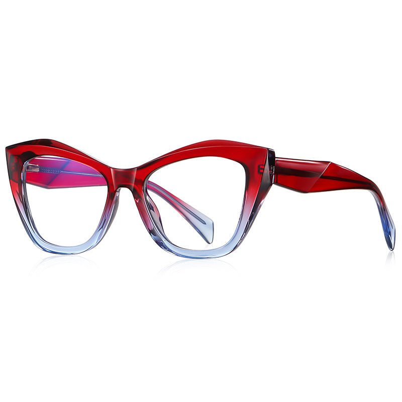 Diamond-Cut Temple Oversized Cat Eye Blue Light Blocking Glasses in Red & Blue Gradient