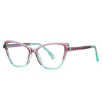 Pyramid Stud Cat Eye Blue Light Blocking Glasses in Translucent Pink &amp; Mint Teal with Purple Temples