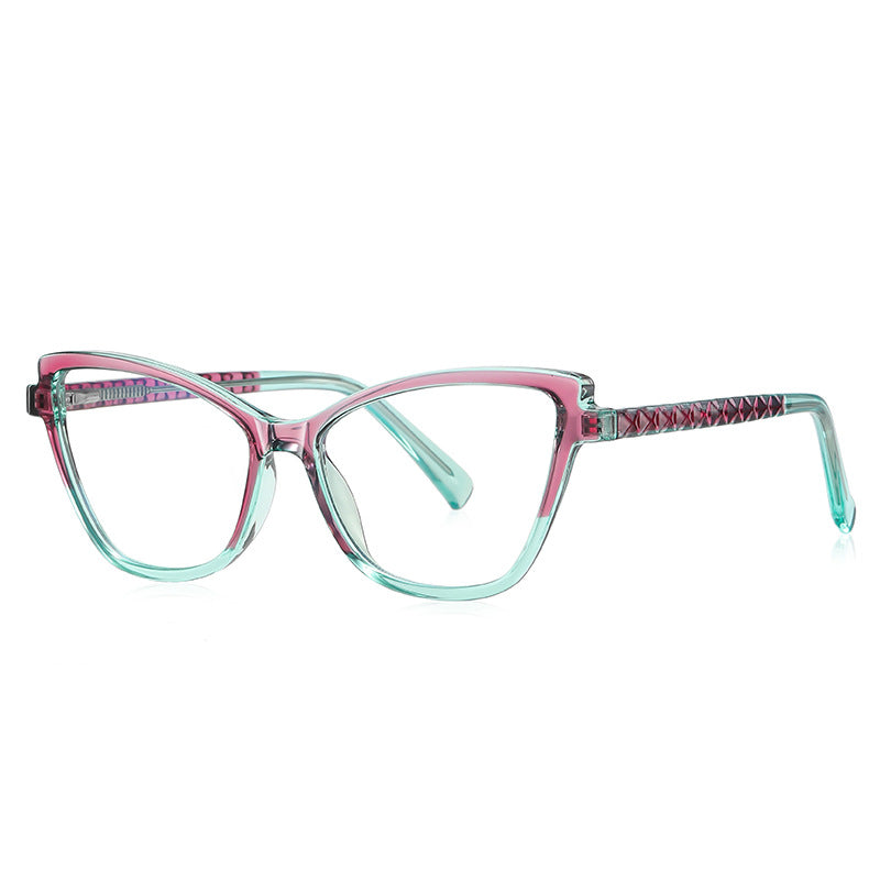 Pyramid Stud Cat Eye Blue Light Blocking Glasses in Translucent Pink &amp; Mint Teal with Purple Temples