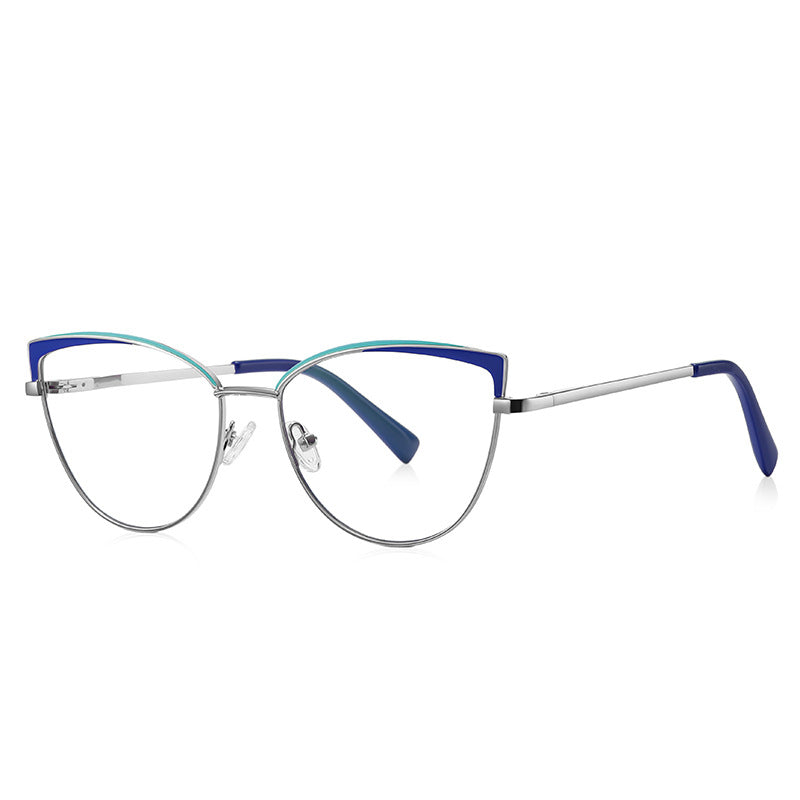 Two-Tone Brow Metal Cat Eye Blue Light Blocking Glasses in Royal Blue & Mint