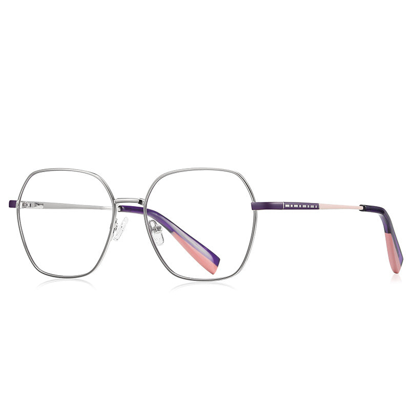 Colorblock Temple Geometric Square Spring Hinge Blue Light Glasses in Silver with Deep Purple and Coral Pink Temples