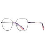Colorblock Temple Geometric Square Spring Hinge Blue Light Glasses in Silver with Deep Purple and Coral Pink Temples