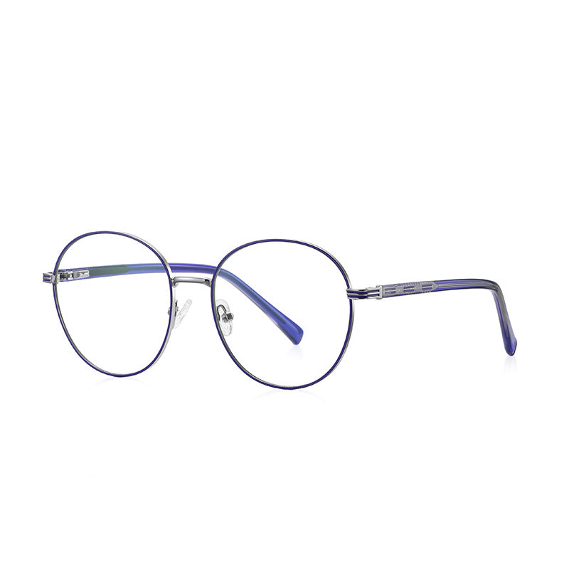 Banded Hinge Metal Round Blue Light Blocking Glasses in Gunmetal with Cobalt Blue Enamel Rim