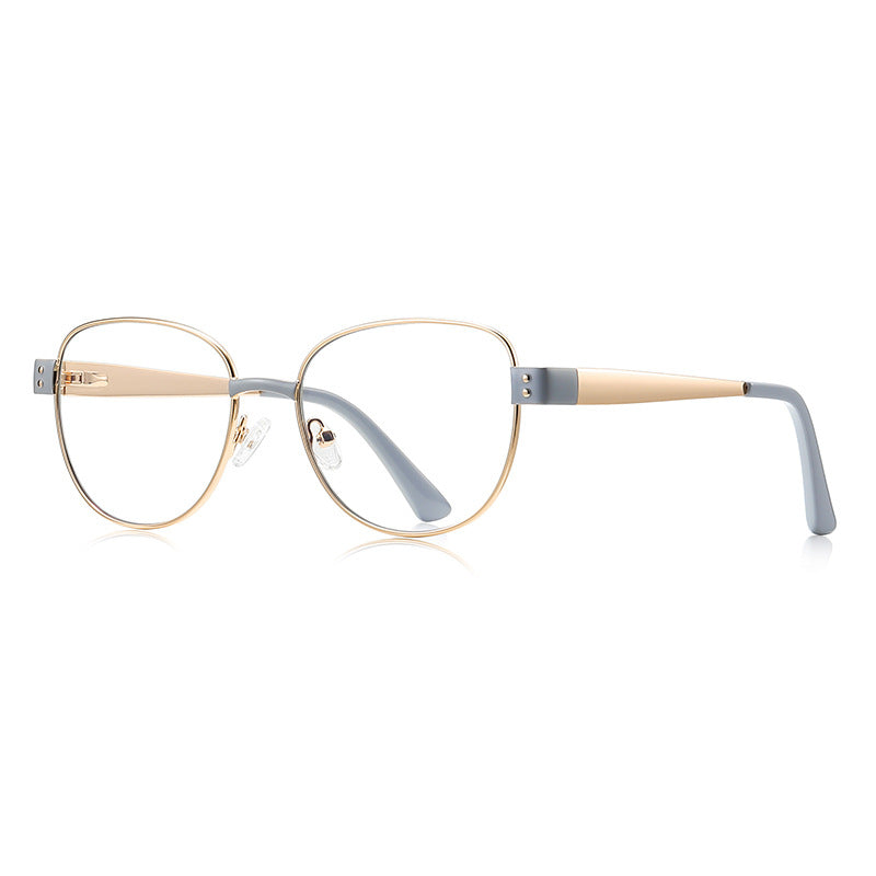Dual Rivet Metal Round Blue Light Blocking Glasses in Pale Gold & Slate Grey