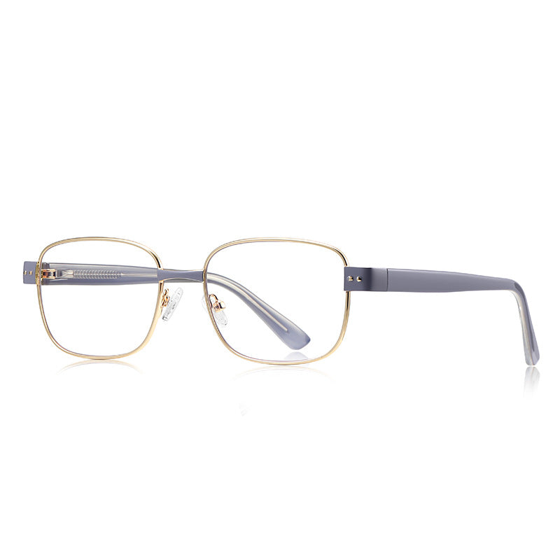 Block Hinge Metal Square Blue Light Blocking Glasses in Gold with Slate Blue Temples